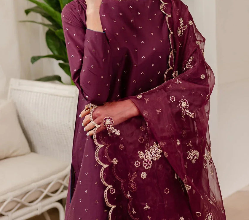 Grace W408- Embroidered 3pc linen dress with Embroidered Organza dupatta.