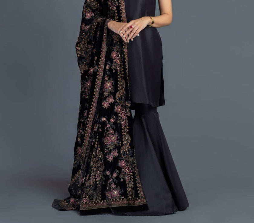 Rose Charm - Formal Heavy Embroidered Fancy Velvet Black Shawl - gracestore.pk