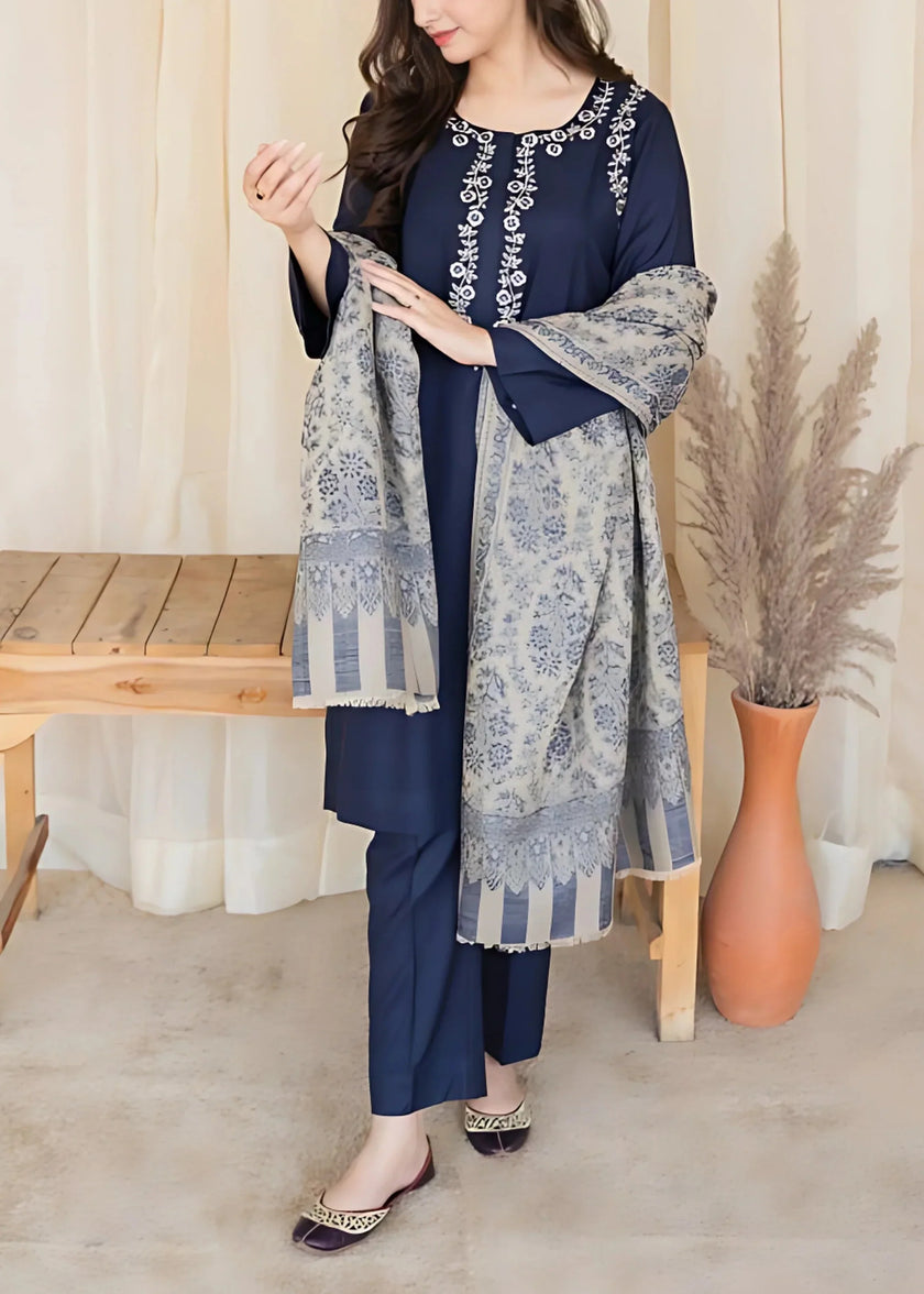 Grace W494-Embroidered 3pc khaddar dress With Printed shawl.