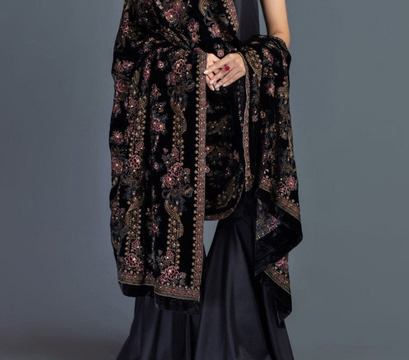 Rose Charm - Formal Heavy Embroidered Fancy Velvet Black Shawl - gracestore.pk