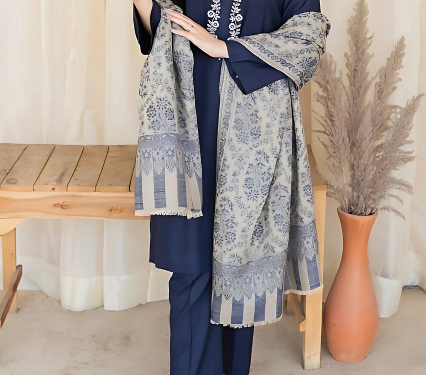 Grace W541-Embroidered 3pc marina dress with Printed shawl.