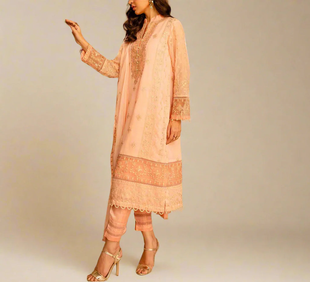 PEACH DELIGHT– Embroidered Chiffon Unstitched 3Pc Suit.