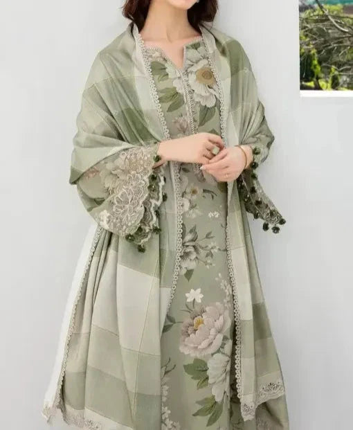 Grace W464-Printed 3pc karandi Dress With Printed karandi Shawl.