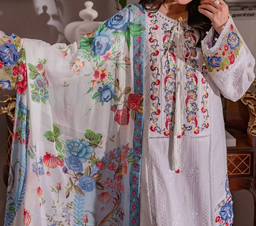 Grace S596-Embroidered 3PC Chikankari Lawn suit with Printed Silk dupatta.