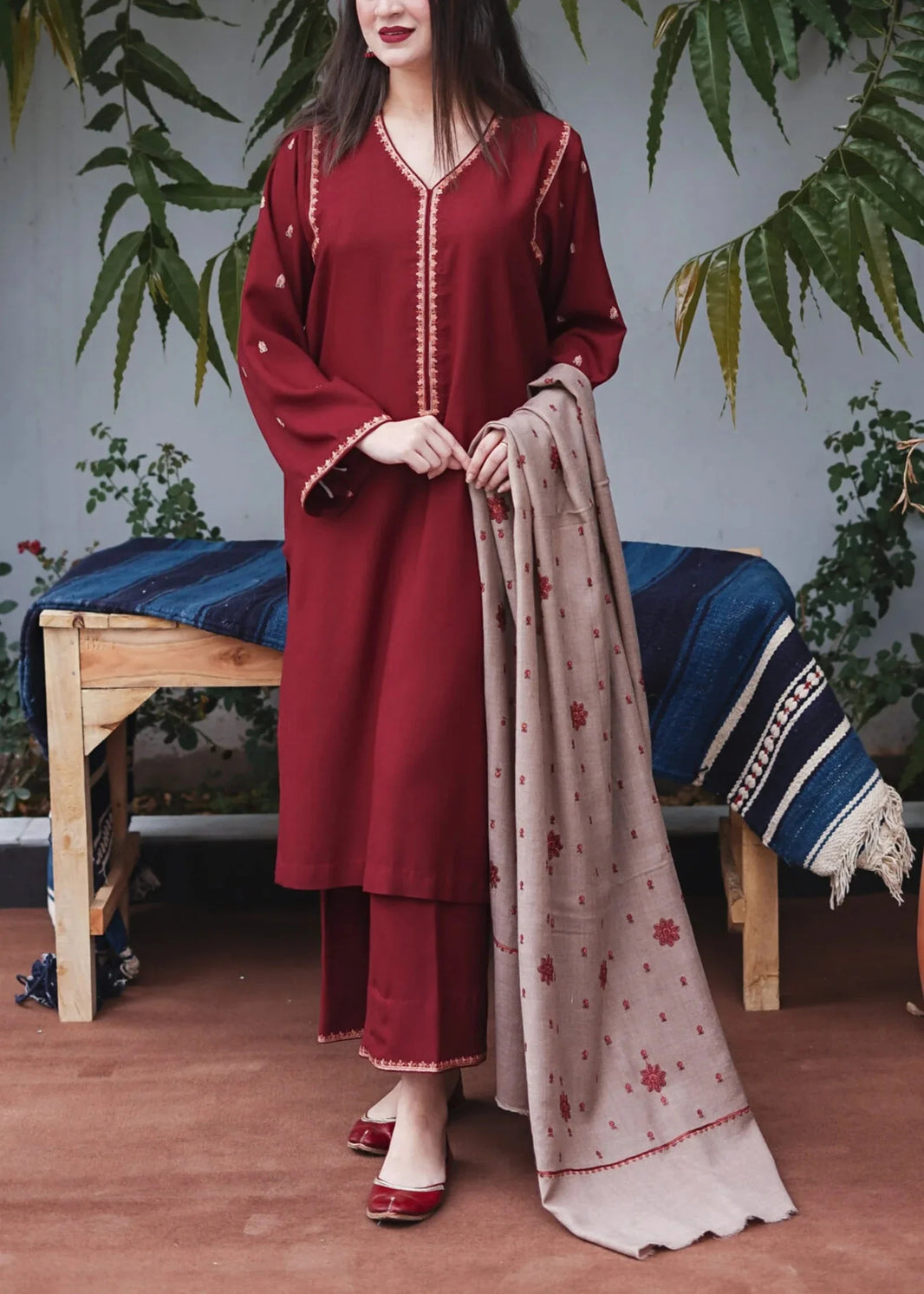 Grace W509-Embroidered 3pc marina dress with Embroidered marina Shawl.