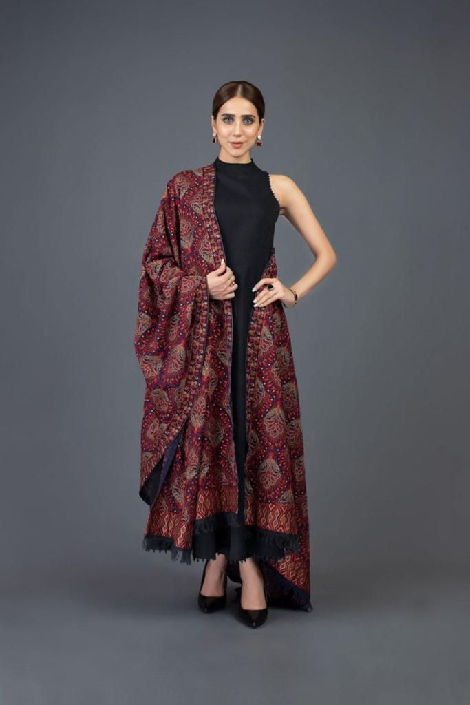 Sarinnah black D38-Embroidered Karandi Shawl