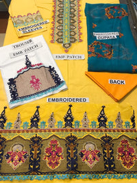 Asim Jofa Yellow-Embroidered 3pc linen dress with embroidered chiffon dupatta.