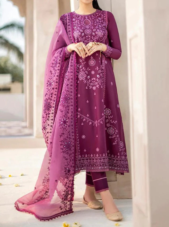 Grace W435- Embroidered 3pc linen dress with Embroidered chiffon dupatta.