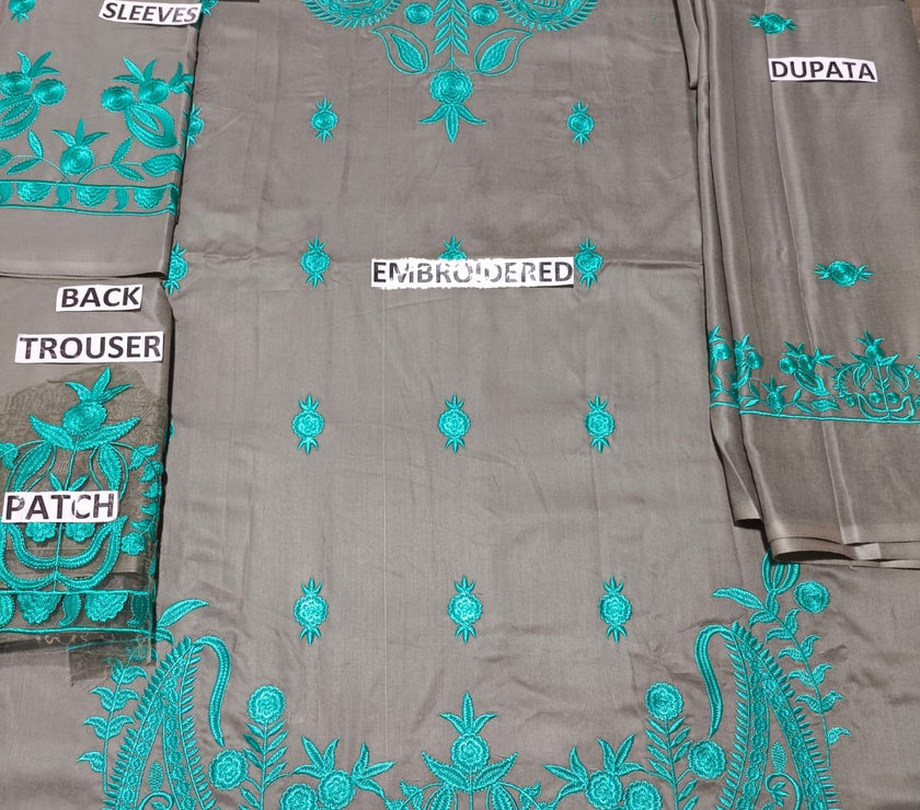 Grace W35 - Embroidered 3pc linen dress with embroidered Linen dupatta.