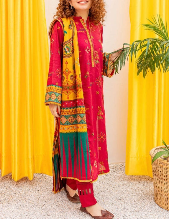 Grace W108 - Embroidered 3pc linen dress with digital printed linen dupatta