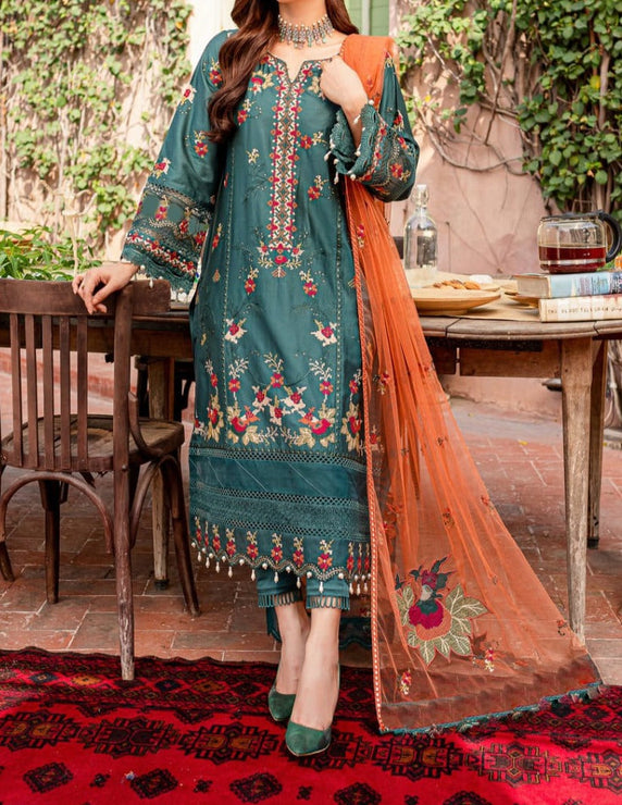 Grace W305- Embroidered 3pc linen dress with Embroidered chiffon dupatta.