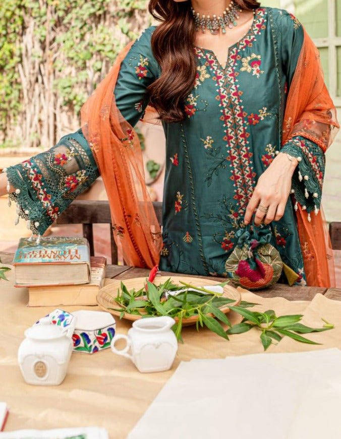 Grace W305- Embroidered 3pc linen dress with Embroidered chiffon dupatta.