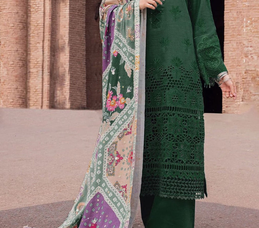 Grace S607-Embroidered 3PC Chickan Lawn with Printed Munar dupatta.