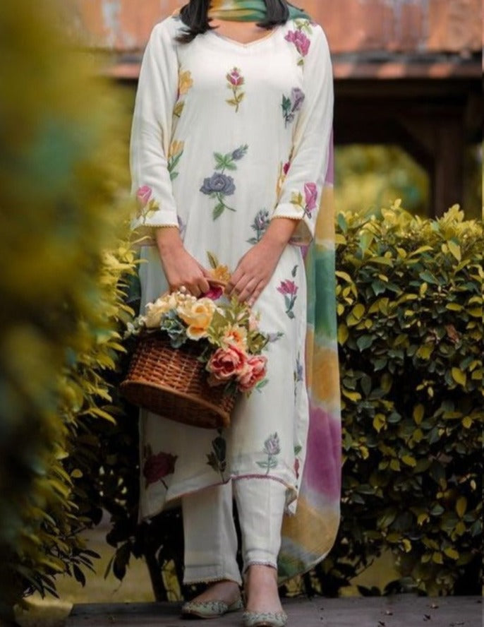 Grace W293- Embroidered 3pc linen dress with Printed wool shawl.