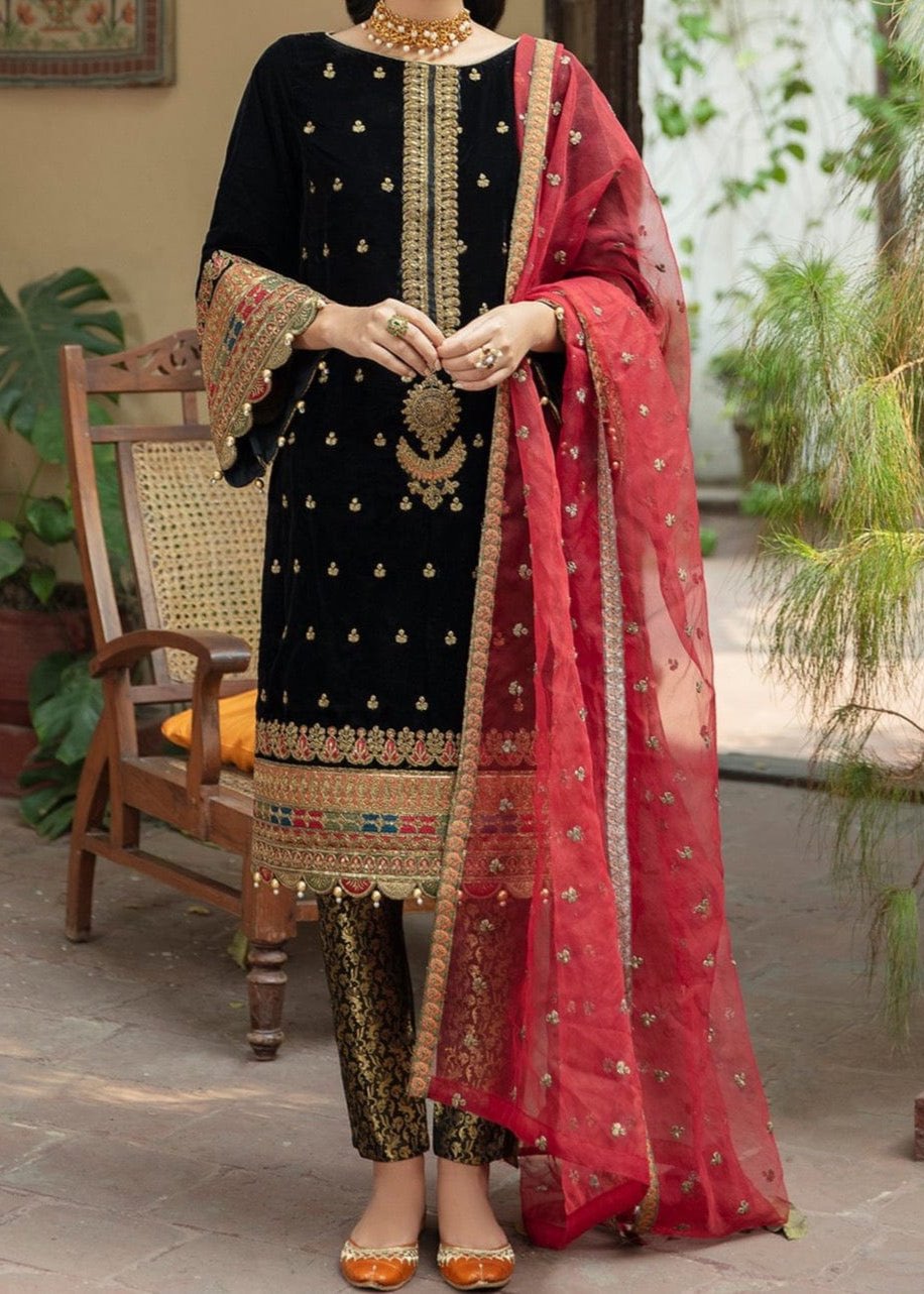 Grace A57- Embroidered 3pc velvet dress with embroidered organza dupatta