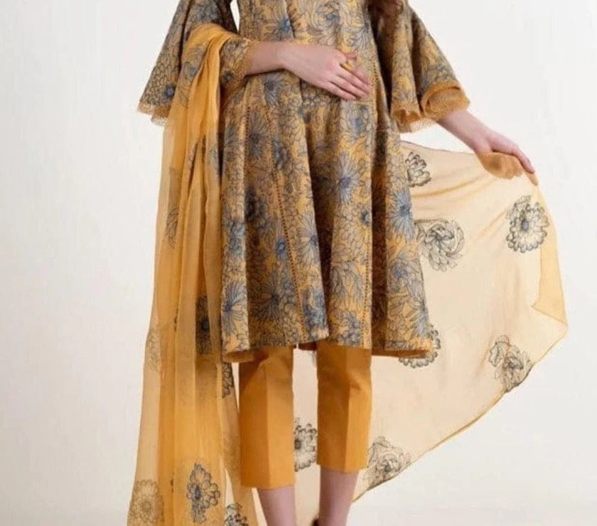 Grace W80 - Embroidered 3pc linen dress with embroidered chiffon dupatta.