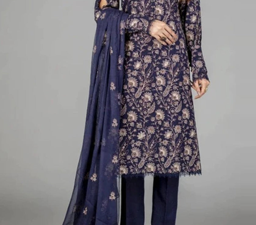 Grace W127 - Embroidered 3pc linen dress with embroidered chiffon dupatta