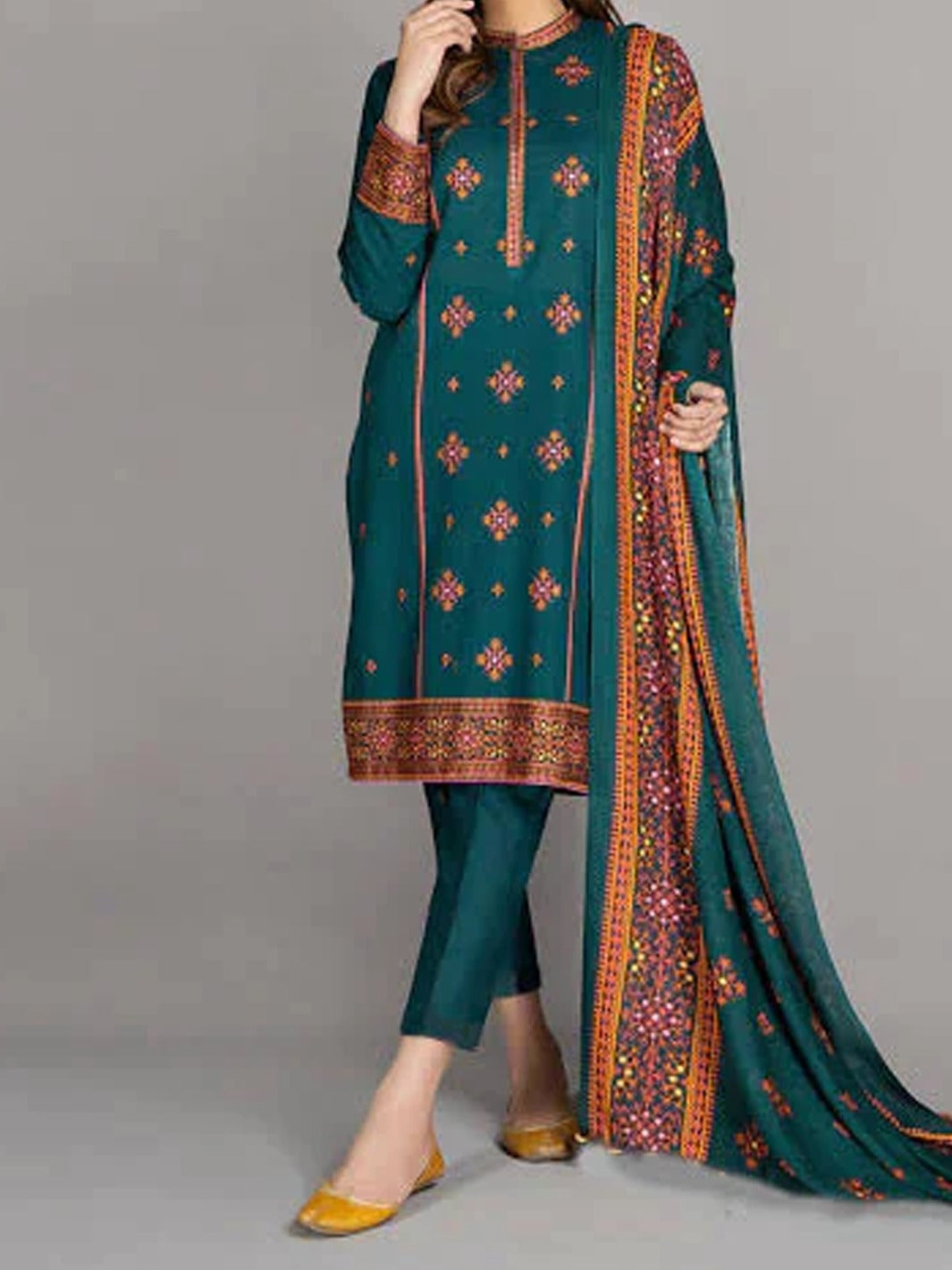 Grace W114 - Embroidered 3pc linen dress with embroidered linen dupatta