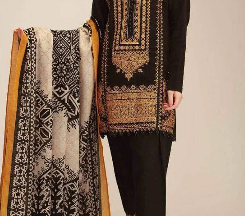 Grace W102 -Embroidered 3pc khaddar dress with printed shawl.