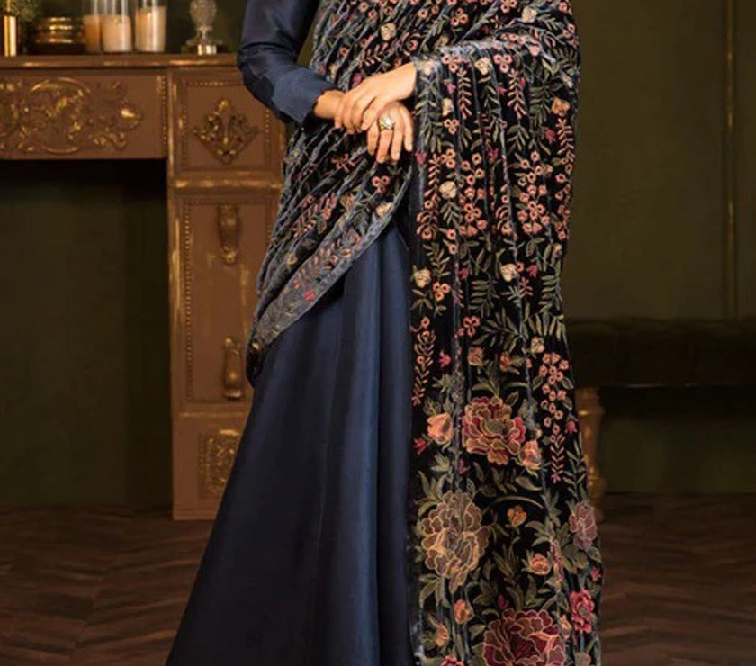 Kimono Range-Embroidered fine quality Velvet Blue Shawl