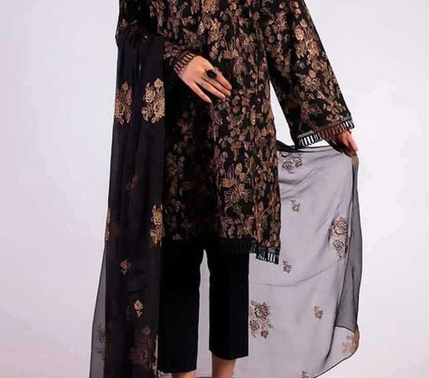 Grace W97 - Embroidered 3pc linen dress with embroidered chiffon dupatta.