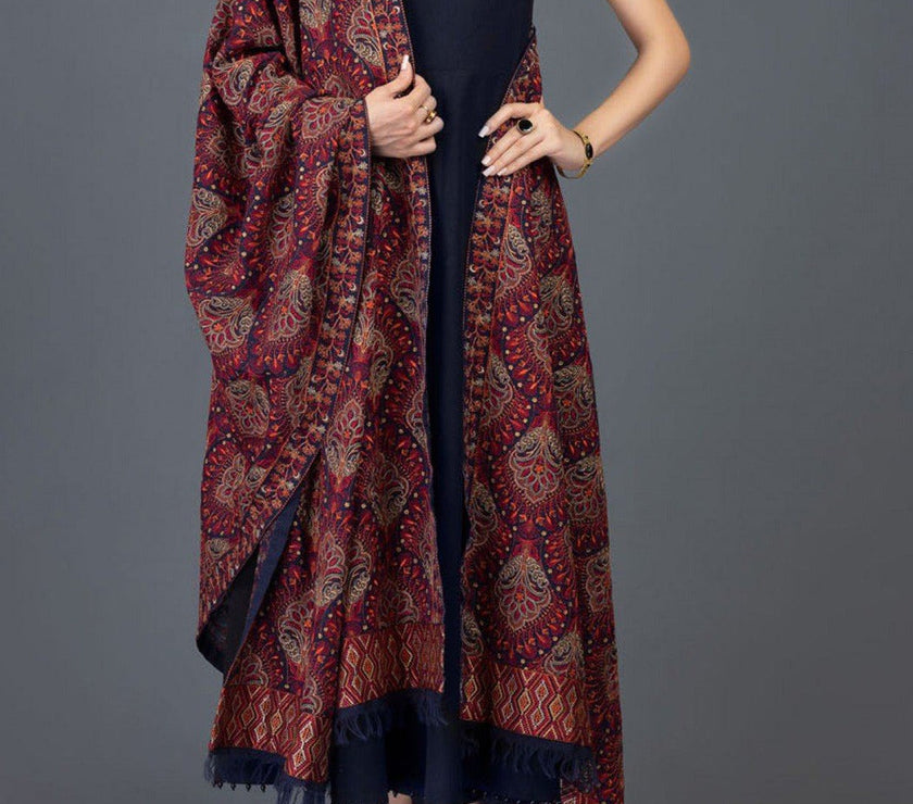 Beselle-Embroidered Karandi Navy Blue Shawl