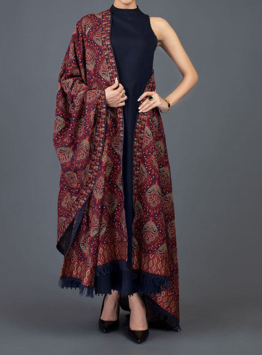 Beselle-Embroidered Karandi Navy Blue Shawl