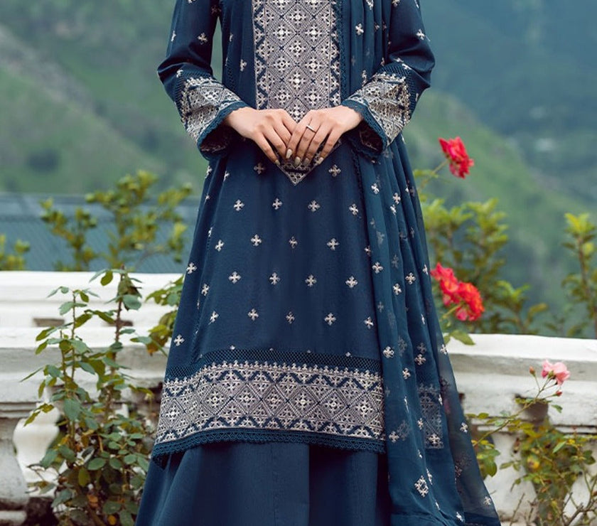 Grace W106 - Embroidered 3pc linen dress with embroidered chiffon dupatta.