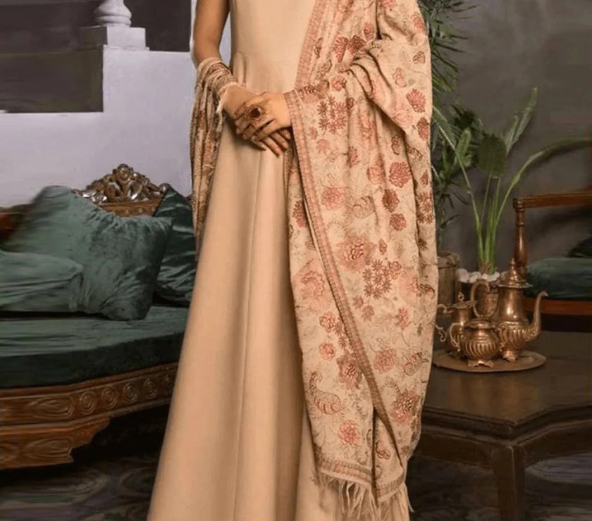 Sarinnah D77-Embroidered Karandi Beige Shawl