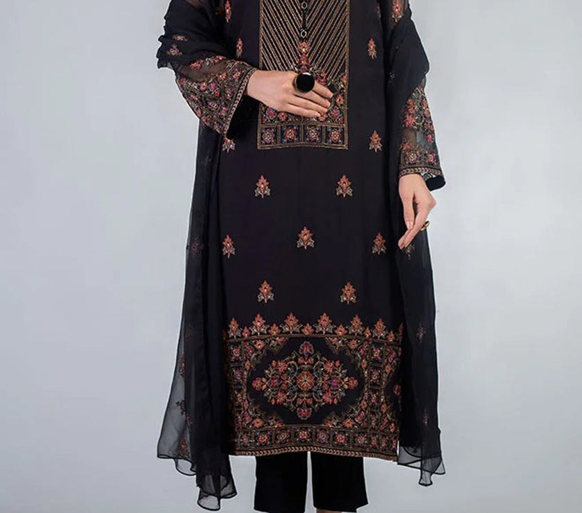 Grace W29-Embroided 3pc linen dress with embroidered chiffon dupatta.