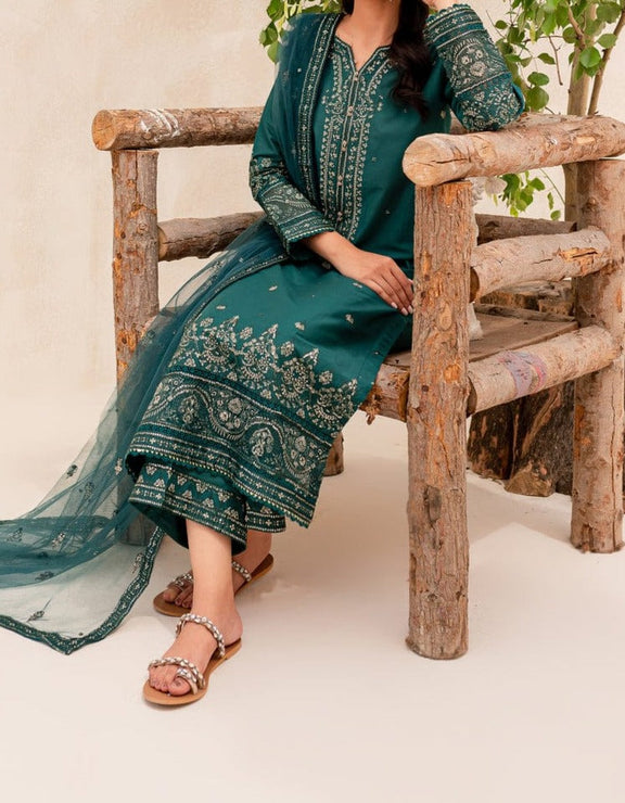 Grace W244- Embroidered 3pc linen dress with Embroidered Organza dupatta