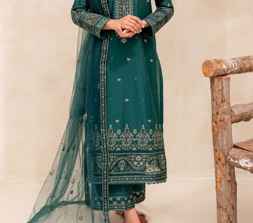 Grace W244- Embroidered 3pc linen dress with Embroidered Organza dupatta