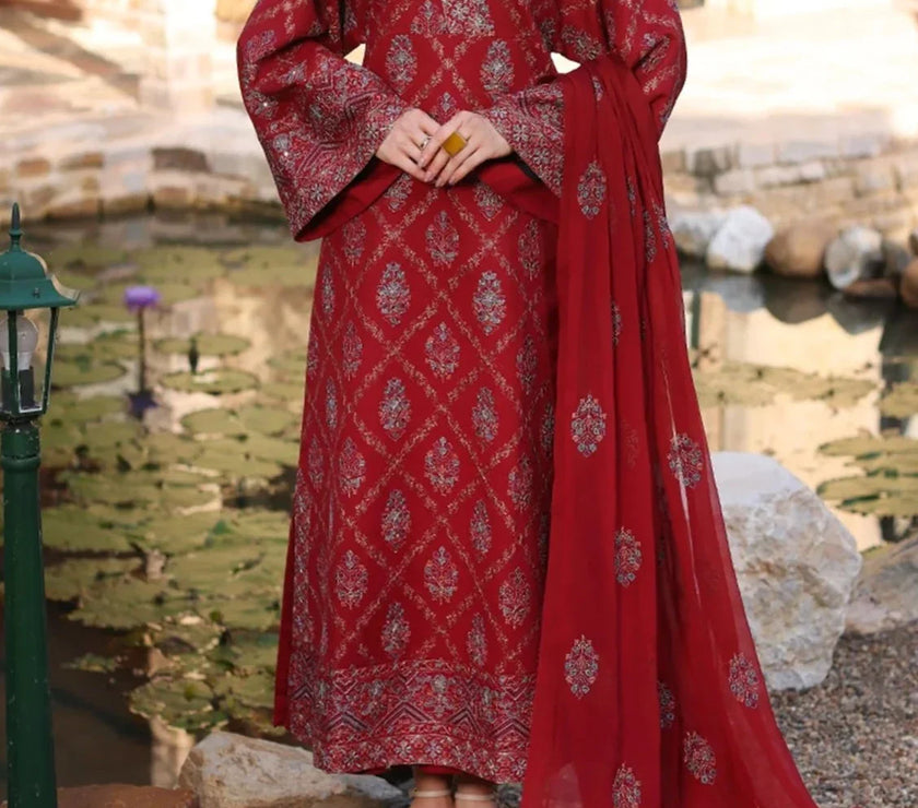 Grace W333-Embroidered 3pc khaddar dress With Embroidered chiffon dupatta.