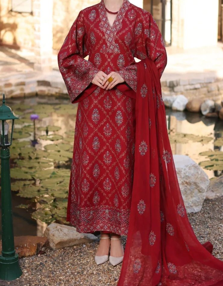 Grace W333-Embroidered 3pc khaddar dress With Embroidered chiffon dupatta.