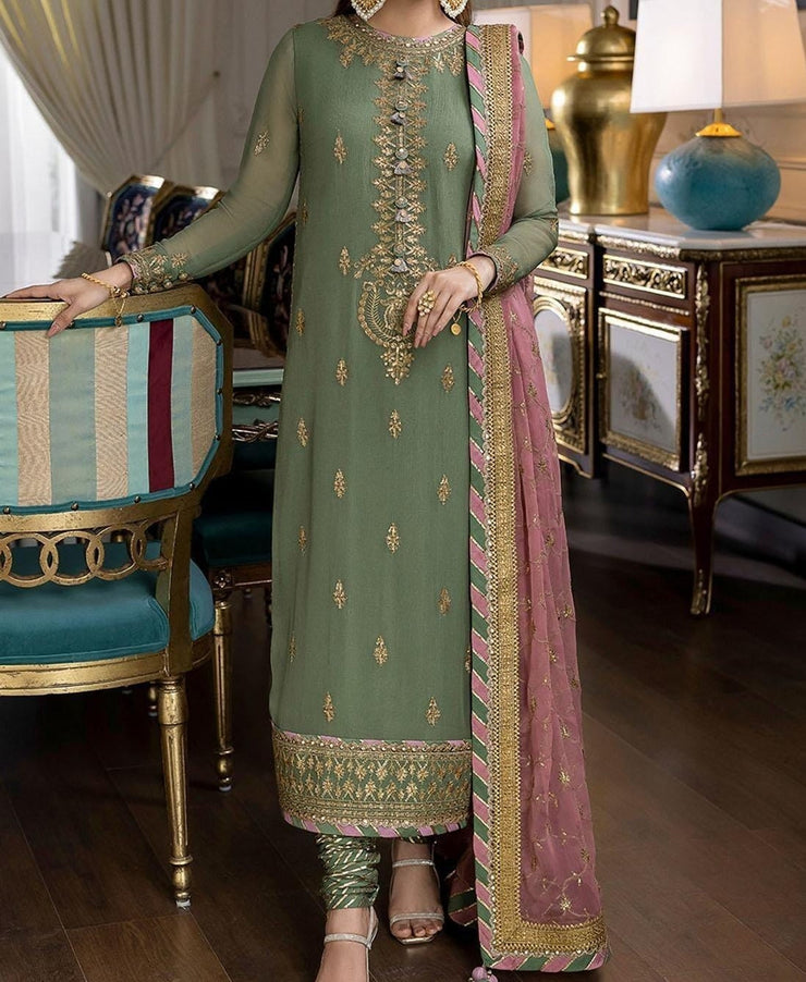 Grace w275- Embroidered 3Pc Chiffon Dress With Embroidered chiffon dupatta.