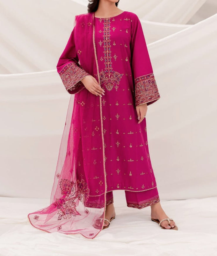 Grace W279- Embroidered 3pc linen dress with Embroidered chiffon dupatta.