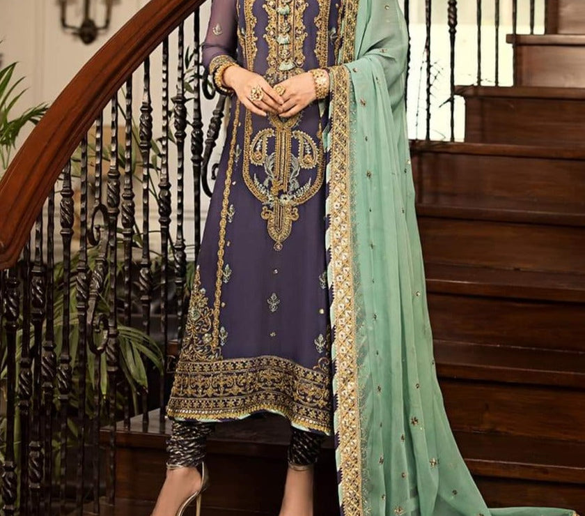 Grace W335- Embroidered 3pc Linen dress with Embroidered Chiffon dupatta.