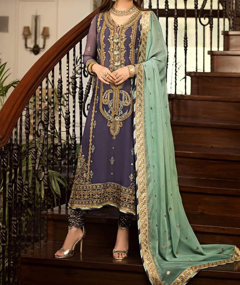 Grace W335- Embroidered 3pc Linen dress with Embroidered Chiffon dupatta.