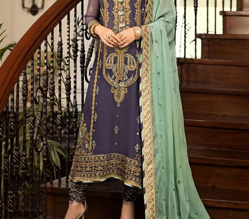 Grace W335- Embroidered 3pc Linen dress with Embroidered Chiffon dupatta.