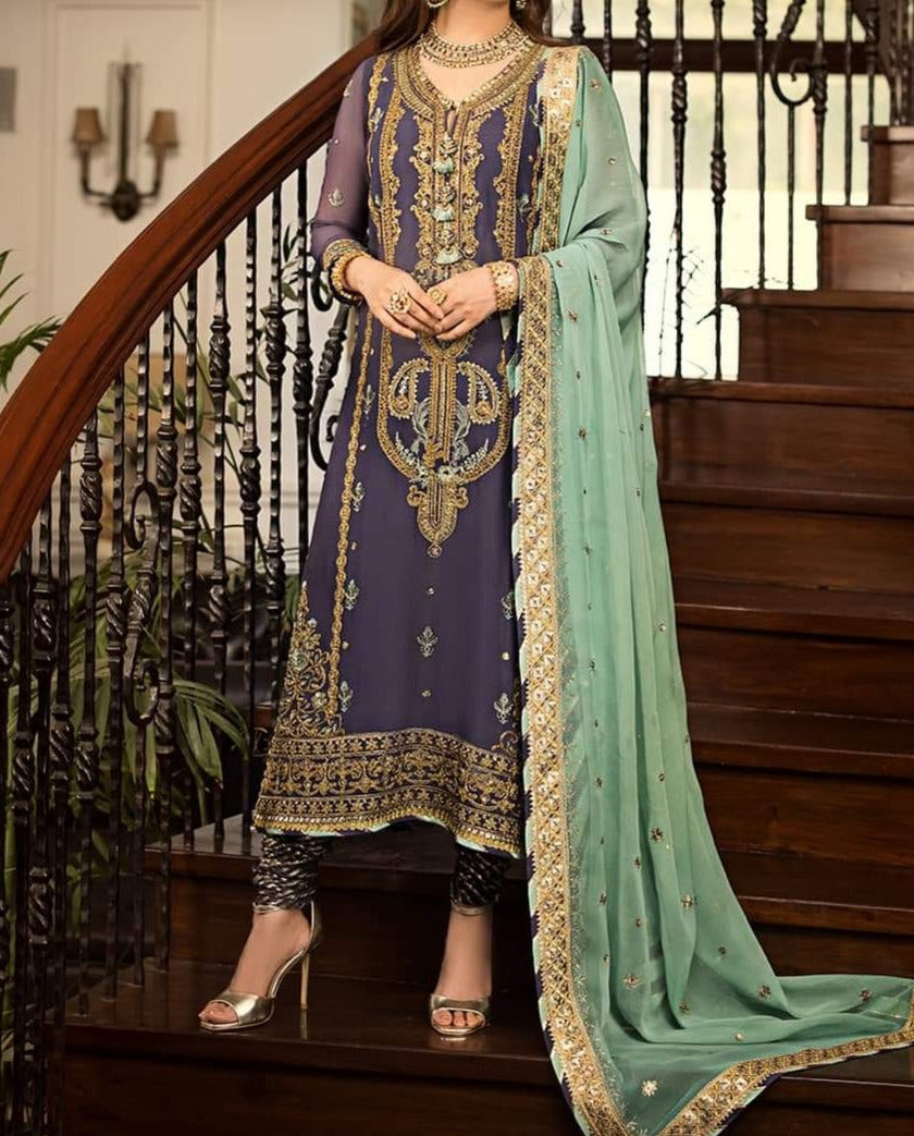 Grace W335- Embroidered 3pc Linen dress with Embroidered Chiffon dupatta.