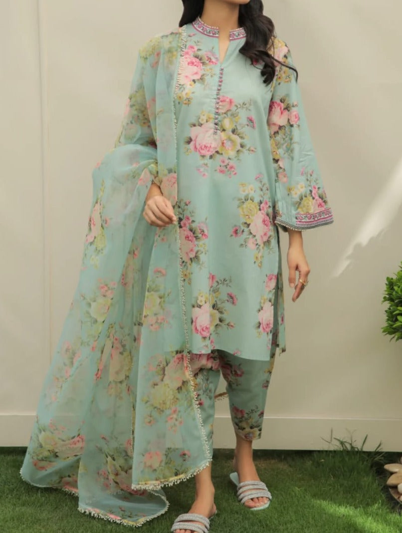 Grace S586-Printed 3pc Lawn dress with Printed Cotton Net dupatta.