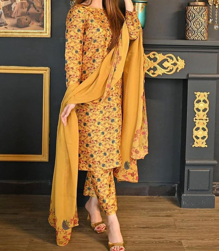 Grace W324-Printed 3pc Kataan Silk dress With Printed chiffon dupatta.