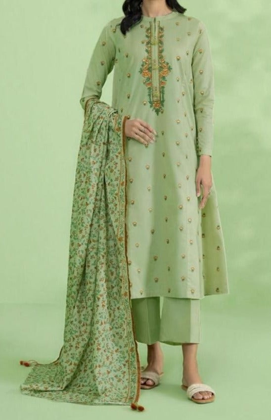 Grace W347- Embroidered 3pc Linen dress with Printed  dupatta.