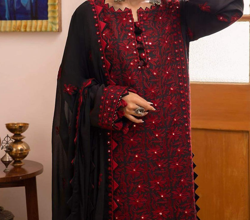 Grace W364-Embroidered 3pc khaddar dress With Embroidered Chiffon Dupatta.