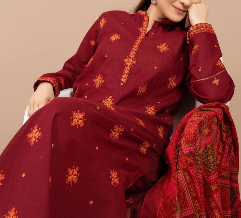 Grace W378-Embroidered 3pc Marina dress with Printed wool shawl.