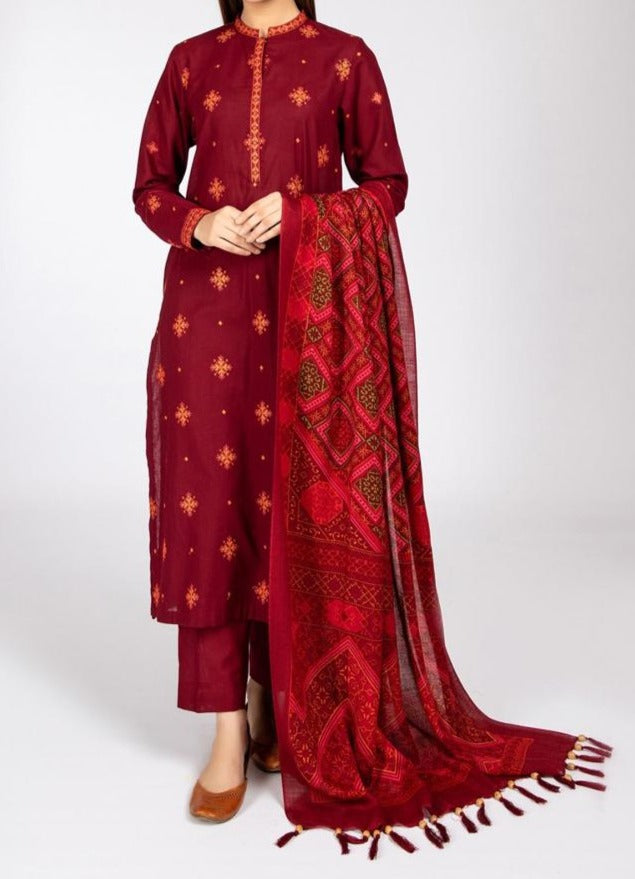 Grace W378-Embroidered 3pc Marina dress with Printed wool shawl.