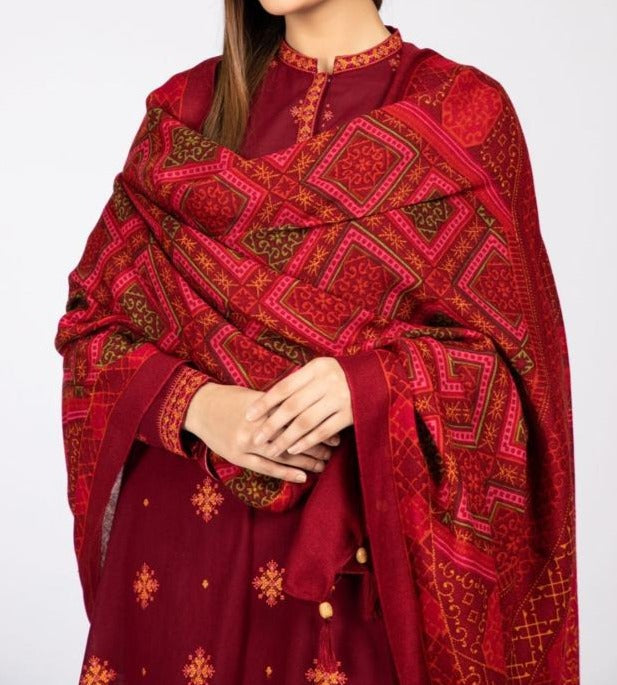 Grace W378-Embroidered 3pc Marina dress with Printed wool shawl.