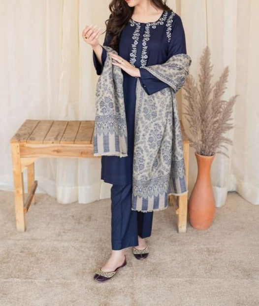 Grace W394- Embroidered 3pc marina dress with Printed wool shawl.