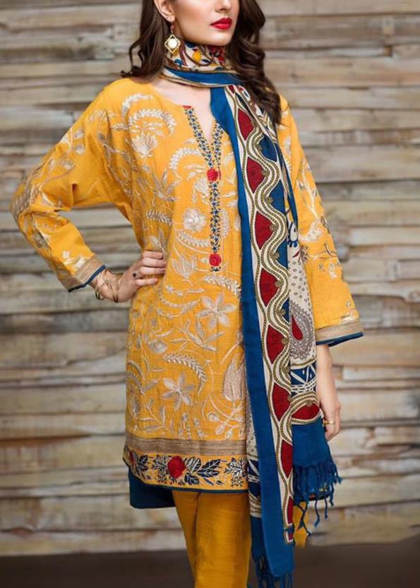 Grace W538-Embroidered 3pc khaddar dress With Printed shawl.