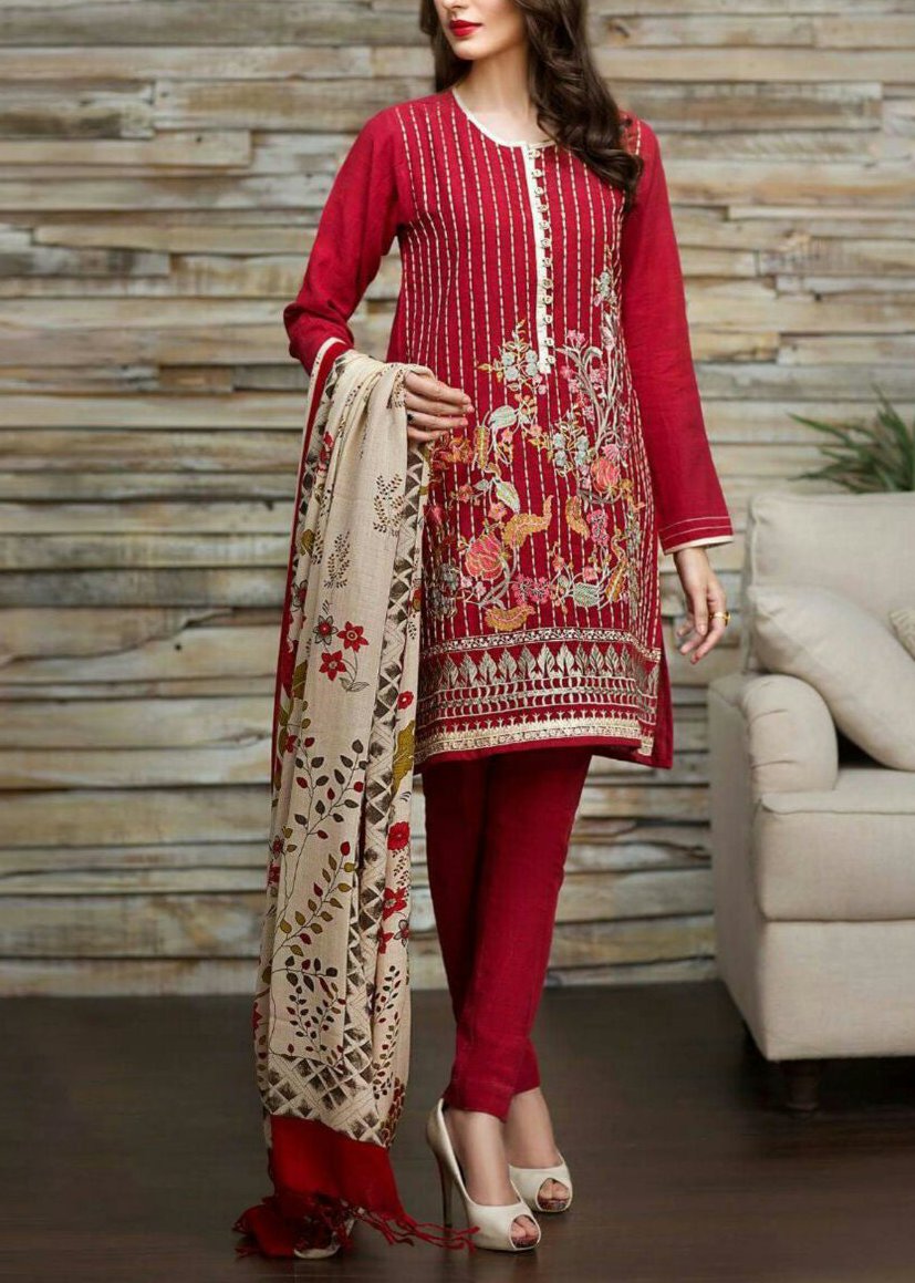 Grace W534-Embroidered 3pc khaddar dress With Printed shawl.